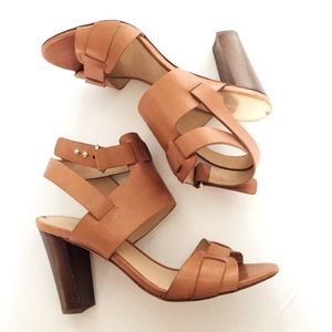 Via Spiga Tan/Camel Genuine Leather Women Stacked Block Heels Sandals Size US 7M